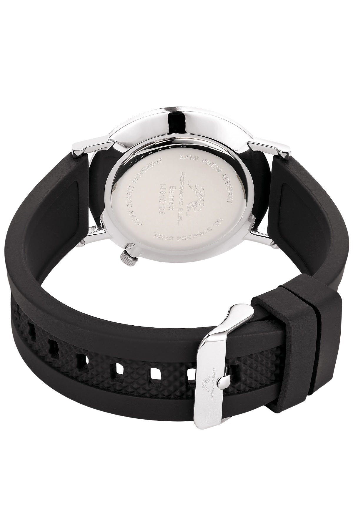 Porsamo Bleu Bennett Luxury Men's Silicone Strap Watch, Silver Tone and Black 1461CBER