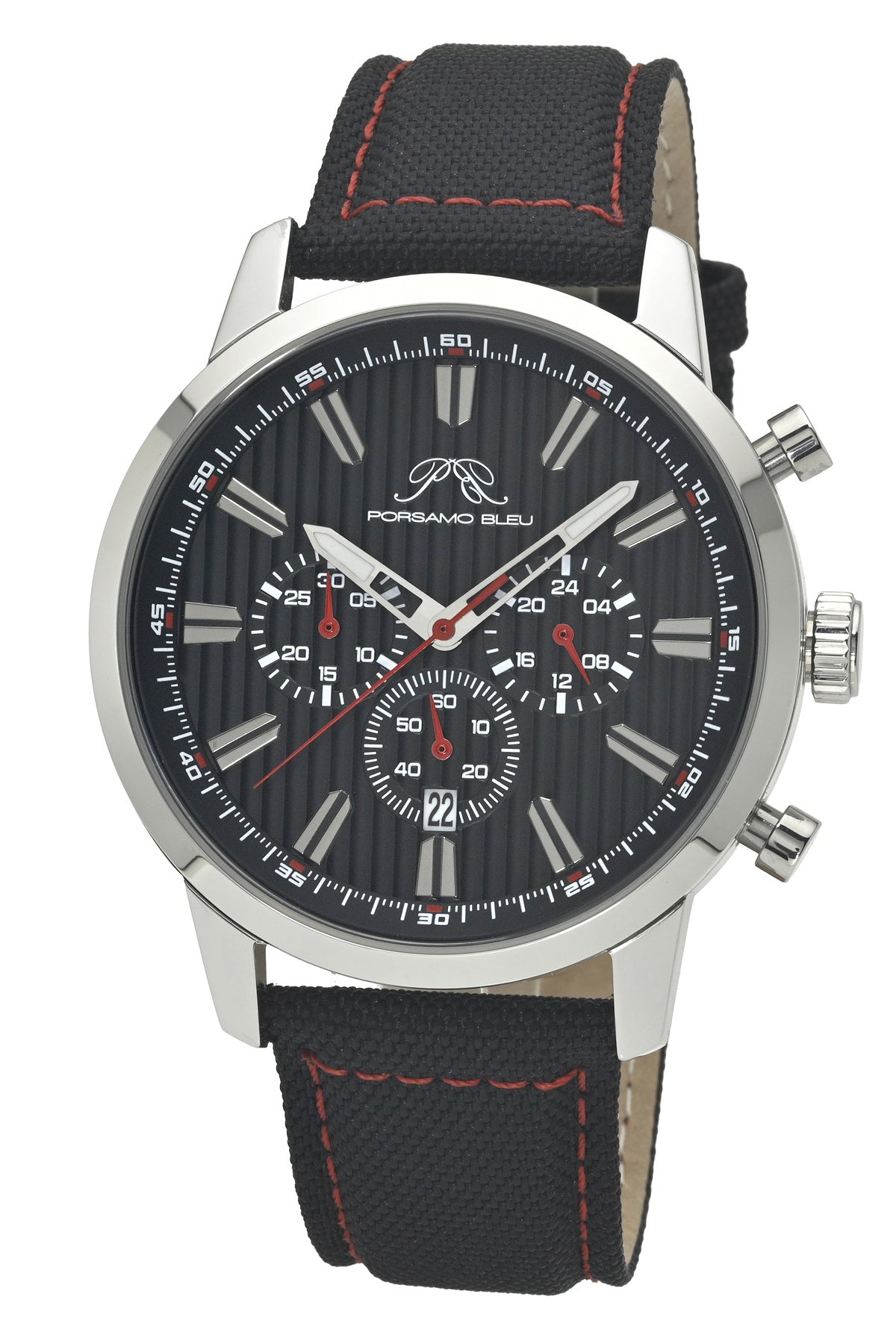 Porsamo Bleu Ryder Luxury Chronograph Men's Canvas Watch, With Black And Red Dial, Silver Tone, Black 1521BRYF