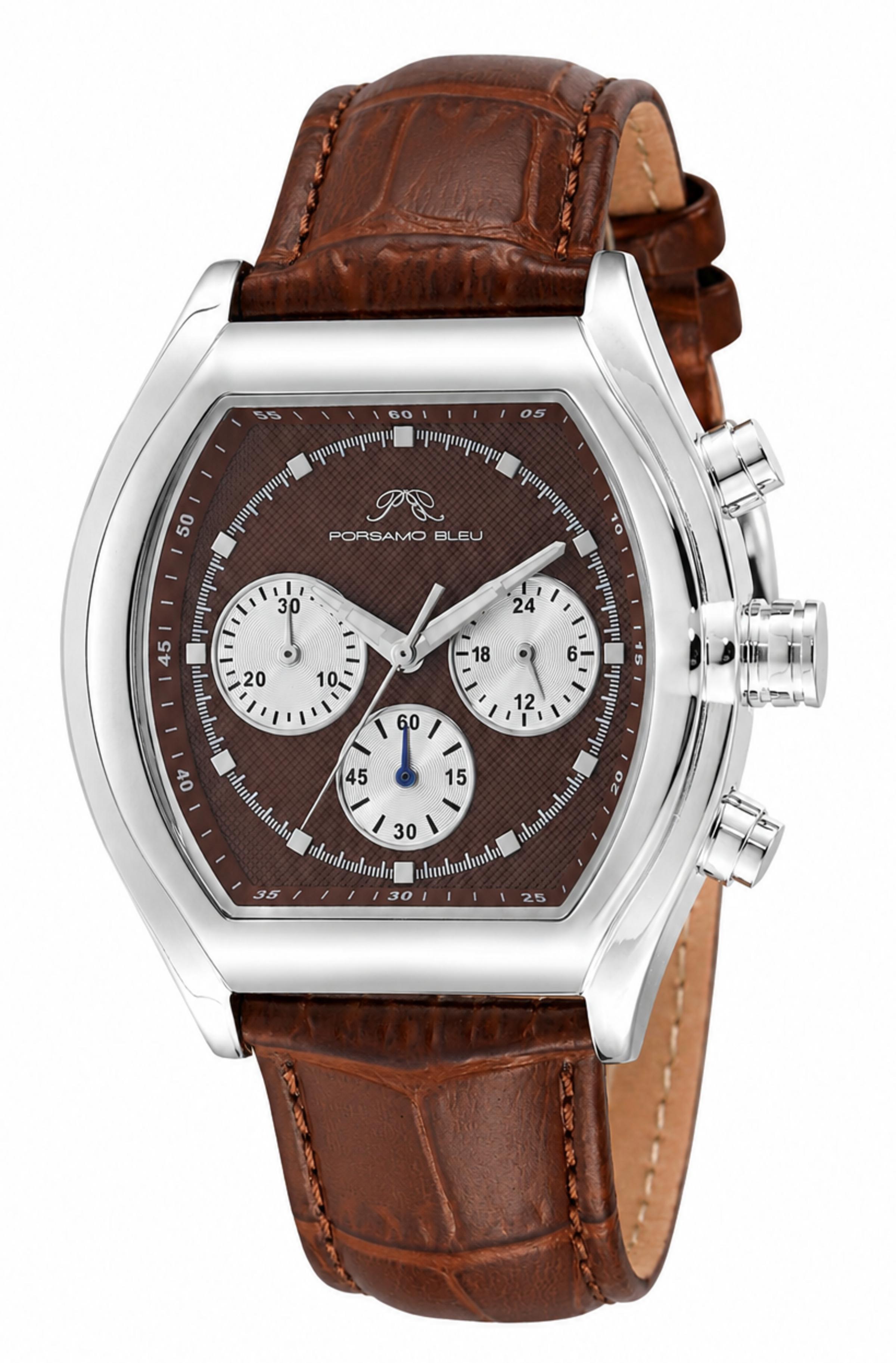 Porsamo Bleu Roman Luxury Men's Genuine Leather Chronograph Watch With Brown Dial, Silver, 1293AROL