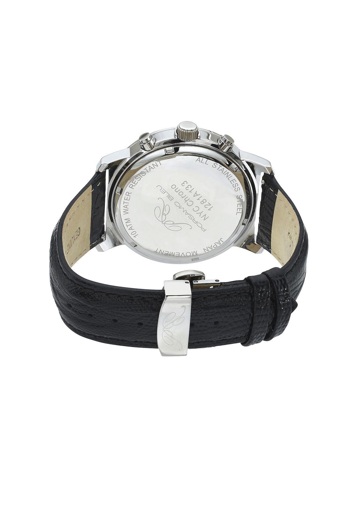 NYC Chrono Genuine Leather Silver Tone & Black Men's Watch 1281ANYL