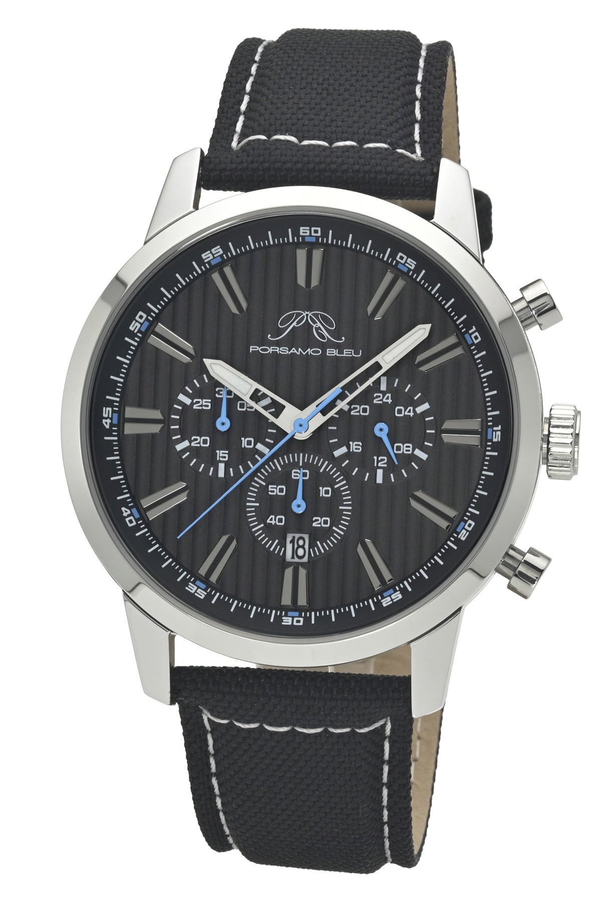 Porsamo Bleu Ryder Luxury Chronograph Men's Canvas Watch, With Gray And Light Blue Dial, Silver Tone, Black 1521ARYF