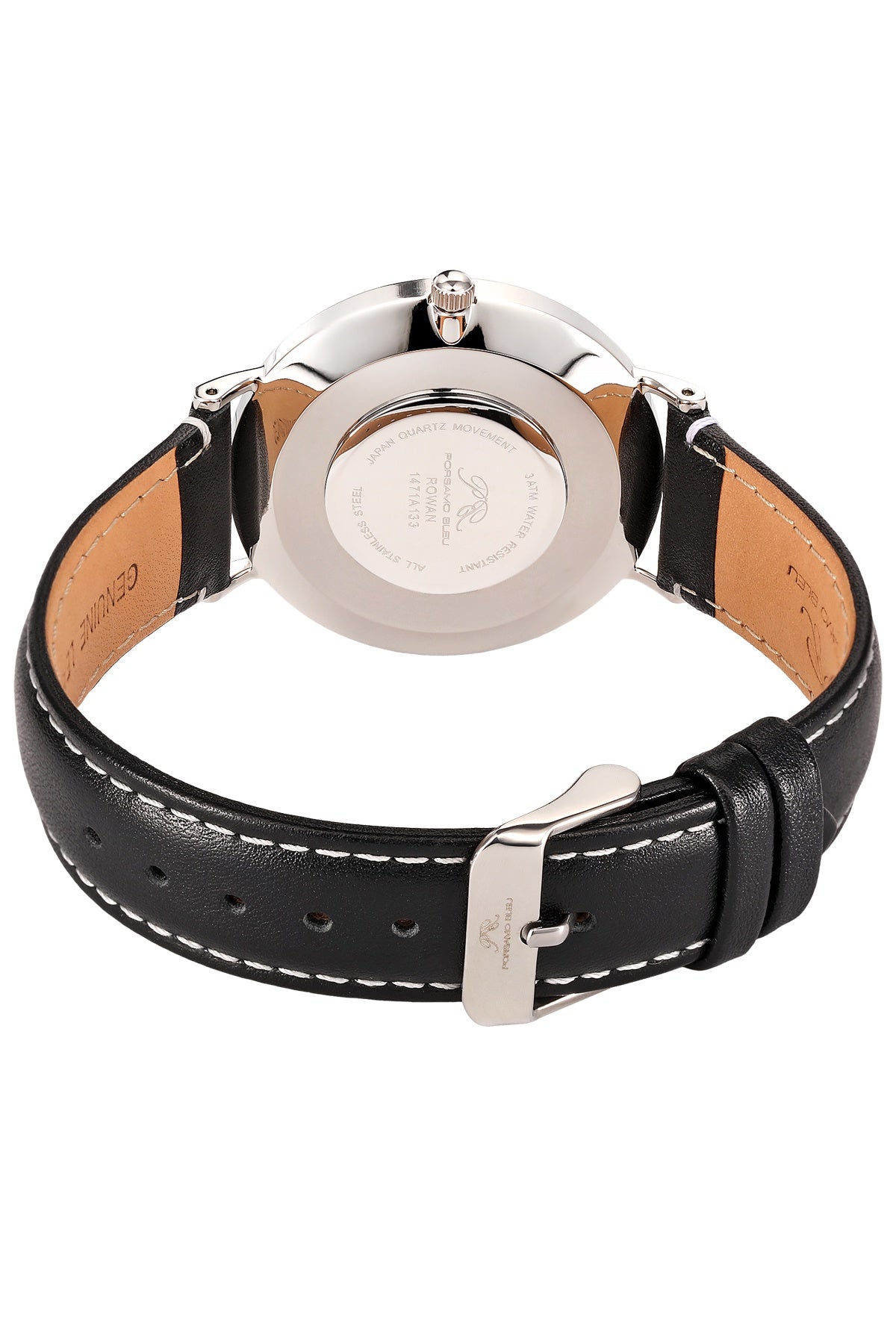 Porsamo Bleu Rowan Luxury Men's Genuine Leather Band Watch, Silver Tone and Black 1471AROL