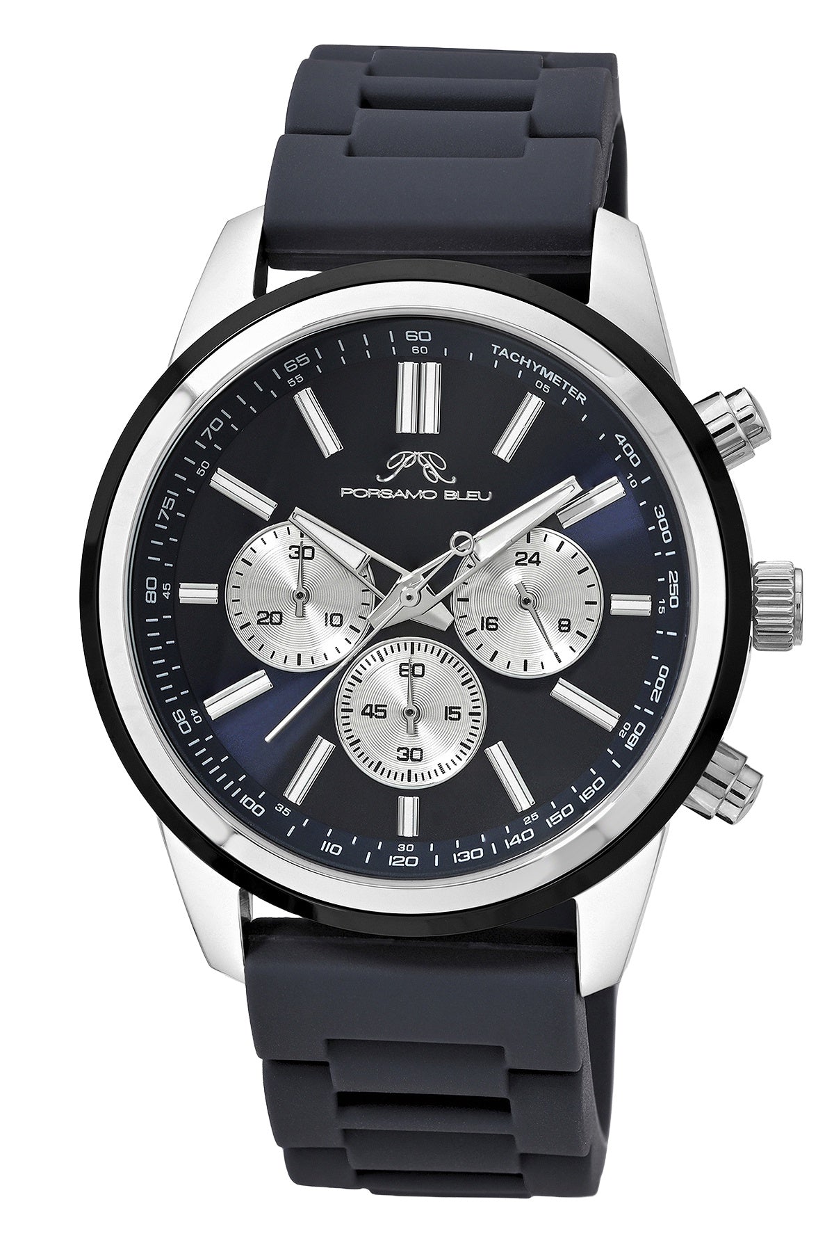 Porsamo Bleu Logan Luxury Chronograph Men's Silicone Strap Watch, Silver Tone, Blue 1451BLOR