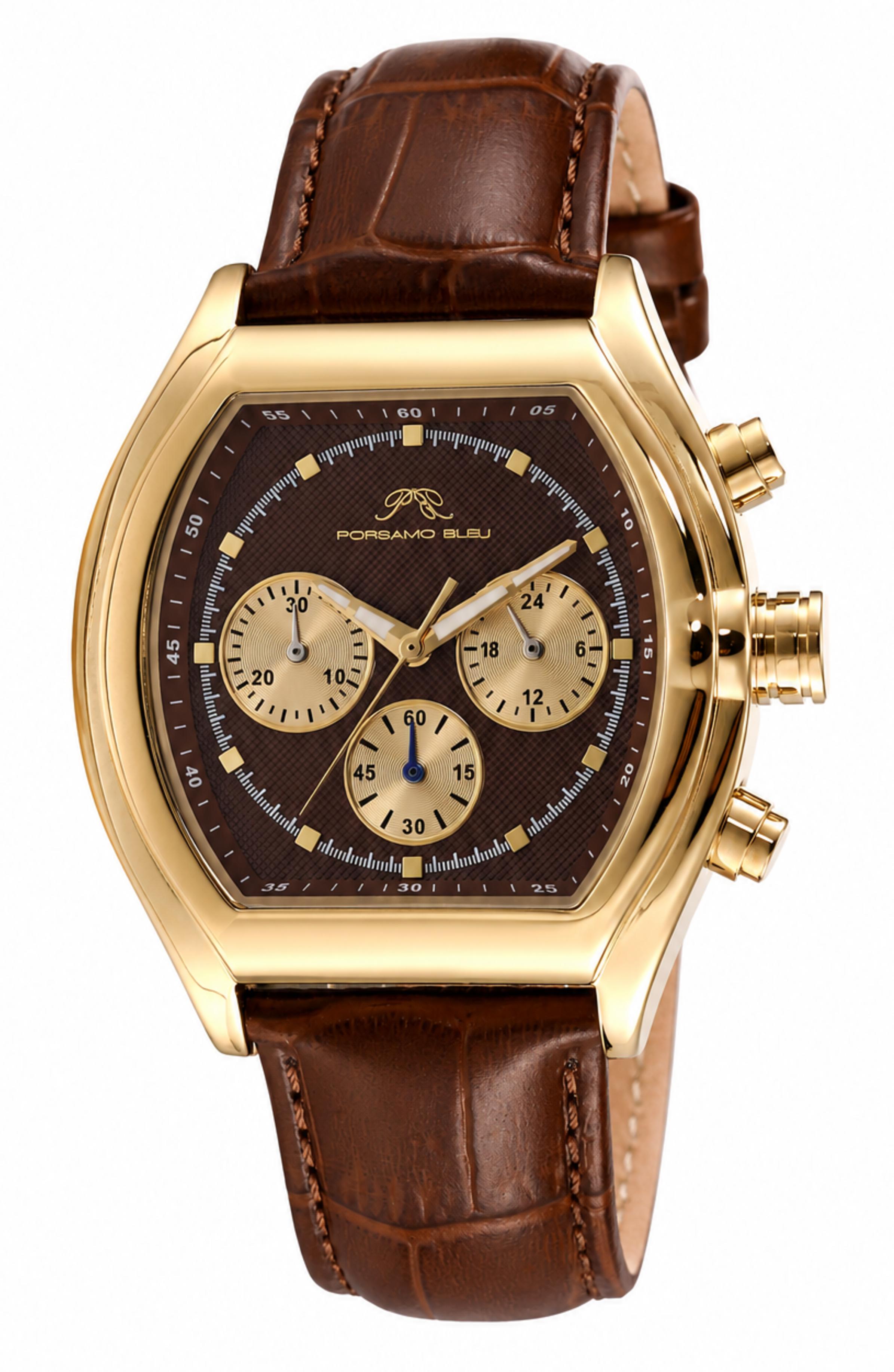 Porsamo Bleu Roman Luxury Men's Genuine Leather Chronograph Watch With Brown Dial, Gold, 1293BROL
