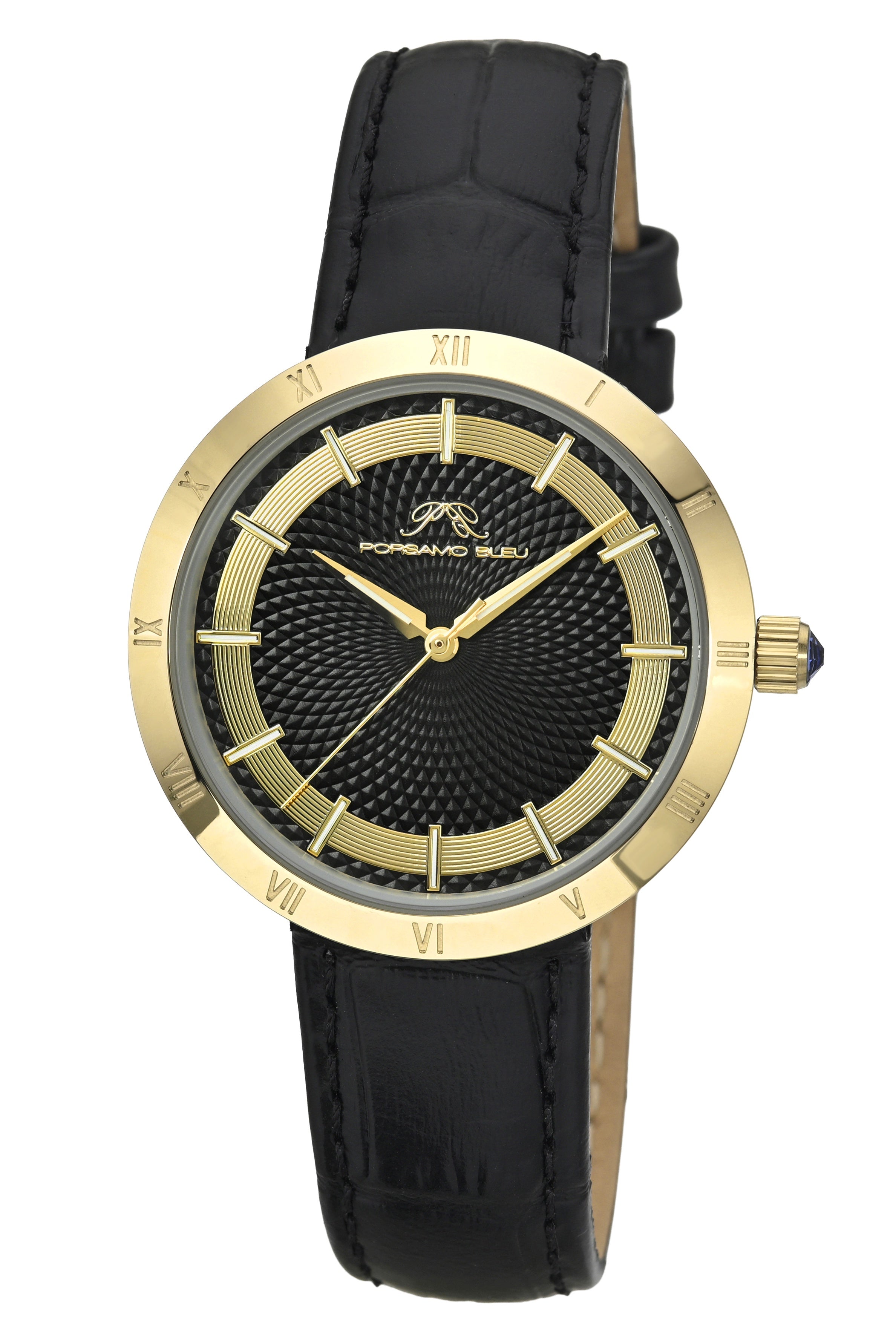 Porsamo Bleu Monroe Luxury Womens' Genuine Leather Watch With Black Guilloché Dial, Black, Gold, 1491DMOL