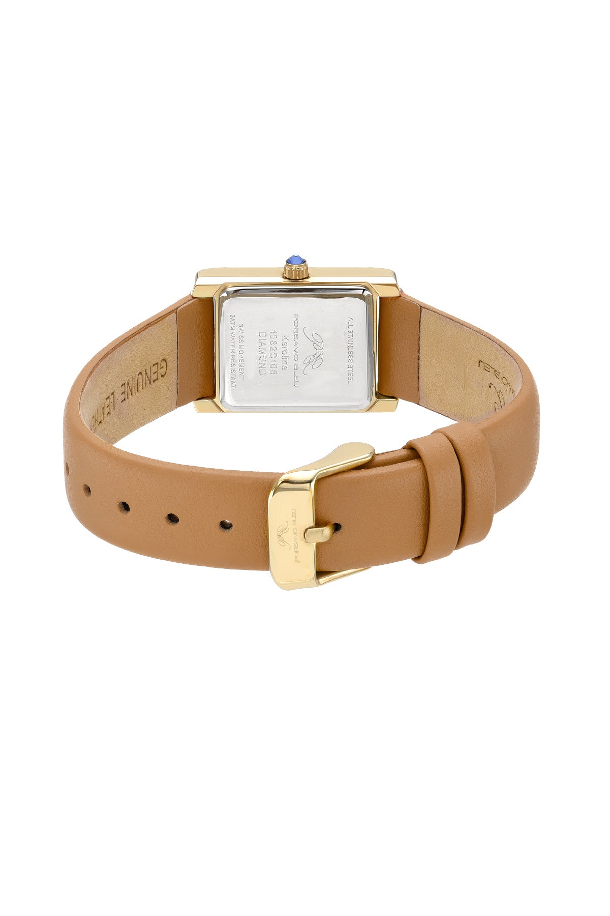 Porsamo Bleu Karolina luxury diamond rectangular women's genuine leather band watch, gold, beige 1082CKAL