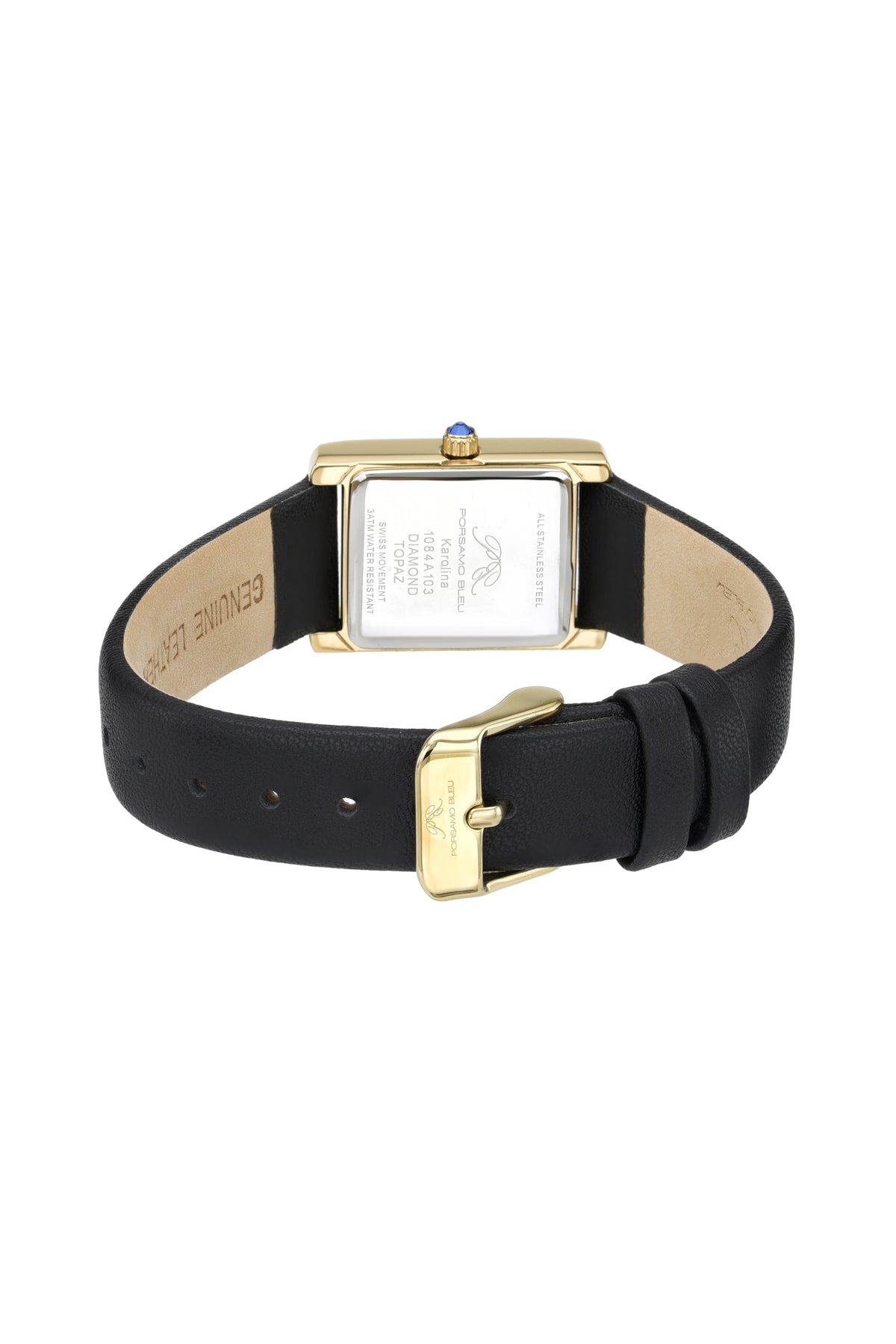 Porsamo Bleu Karolina luxury diamond topaz rectangular women's genuine leather band watch, gold, black 1084AKAL