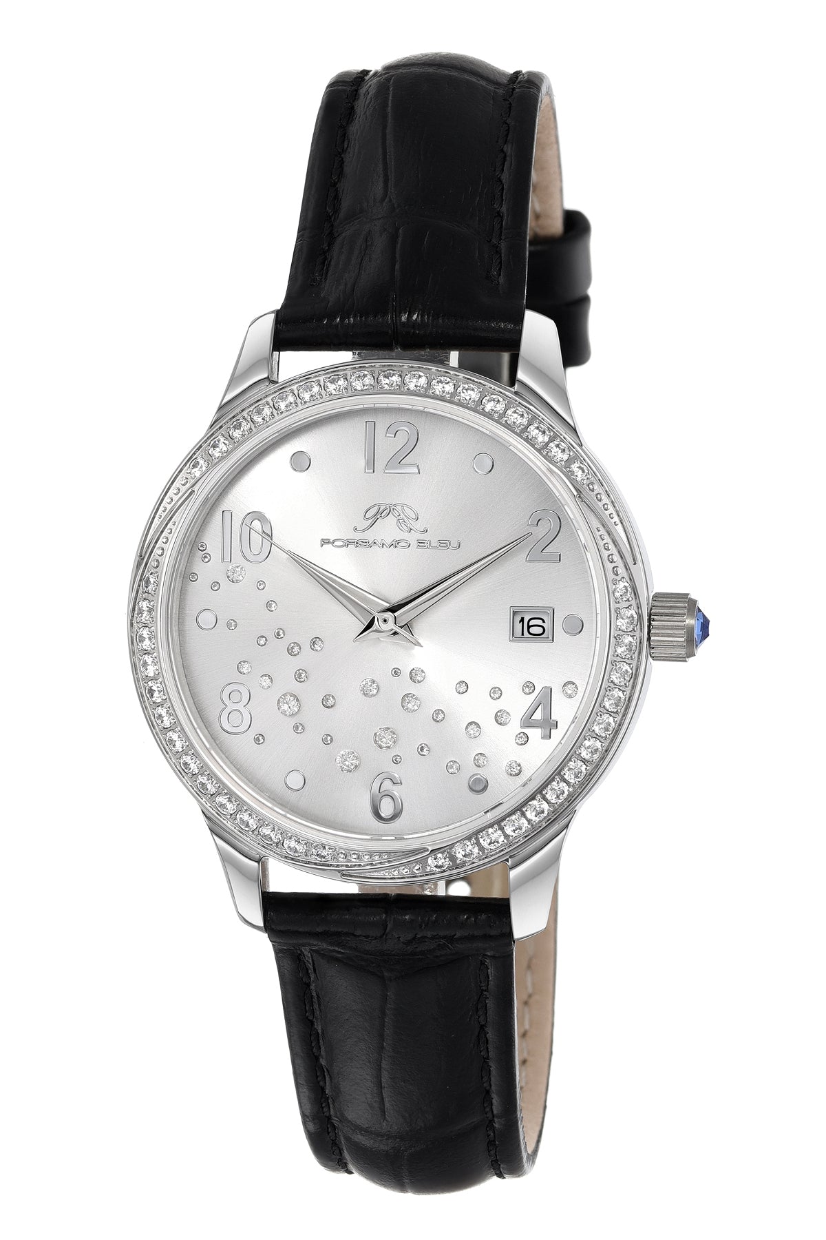 Ruby Genuine Leather Silver & Black Women's Crystal Watch 1141ARUL