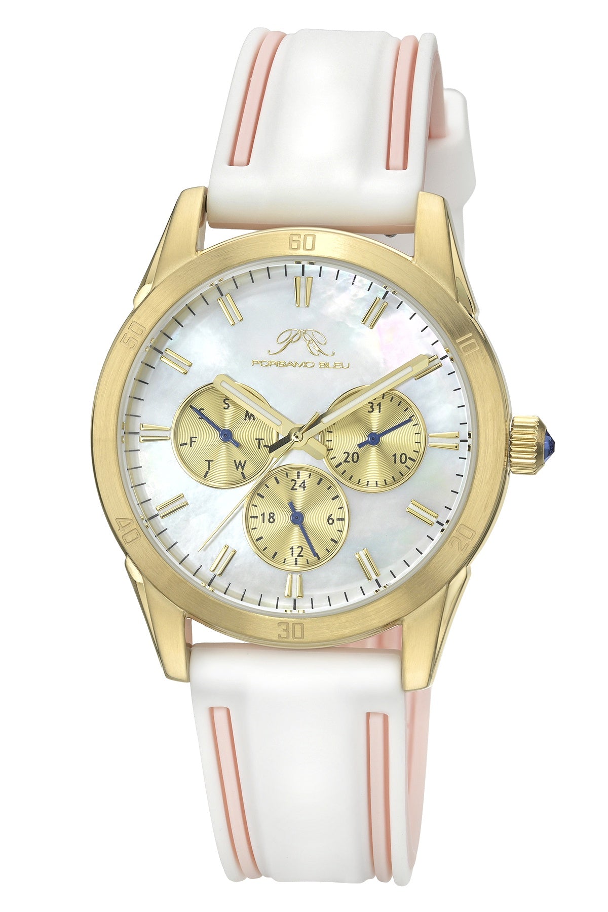 Porsamo Bleu Georgie Luxury Multifunction Womens' Silicone Strap Watch With White MOP Dial, Gold Tone, Pink, 1501BGER