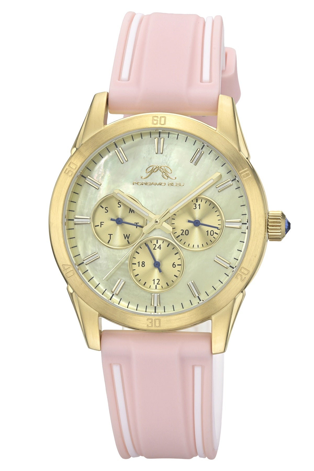 Porsamo Bleu Georgie Luxury Multifunction Womens' Silicone Strap Watch With Gold Tone MOP Dial, Gold Tone, Pink, 1501DGER