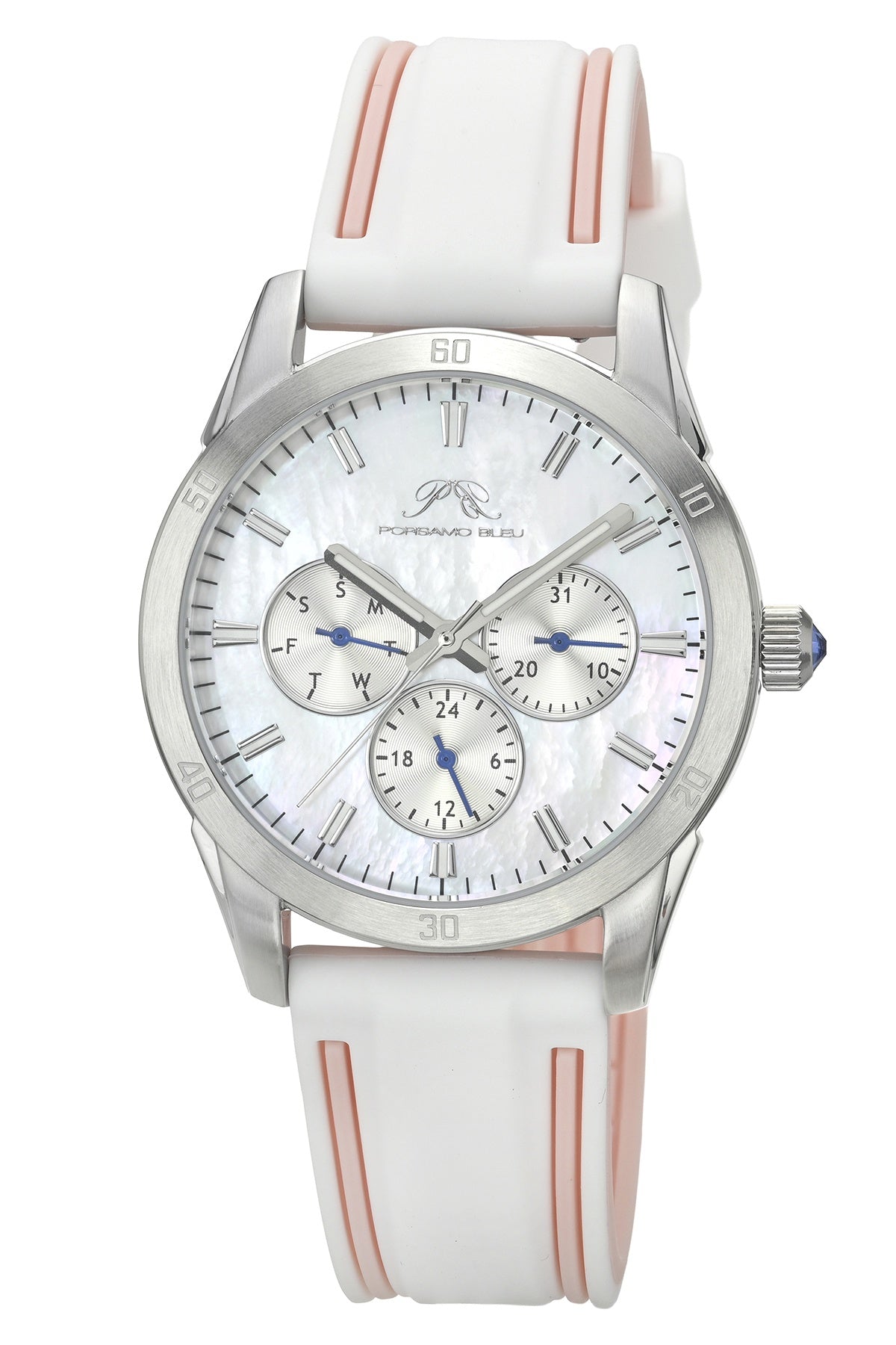 Porsamo Bleu Georgie Luxury Multifunction Womens' Silicone Strap Watch With White MOP Dial, Silver Tone, Pink, 1501AGER
