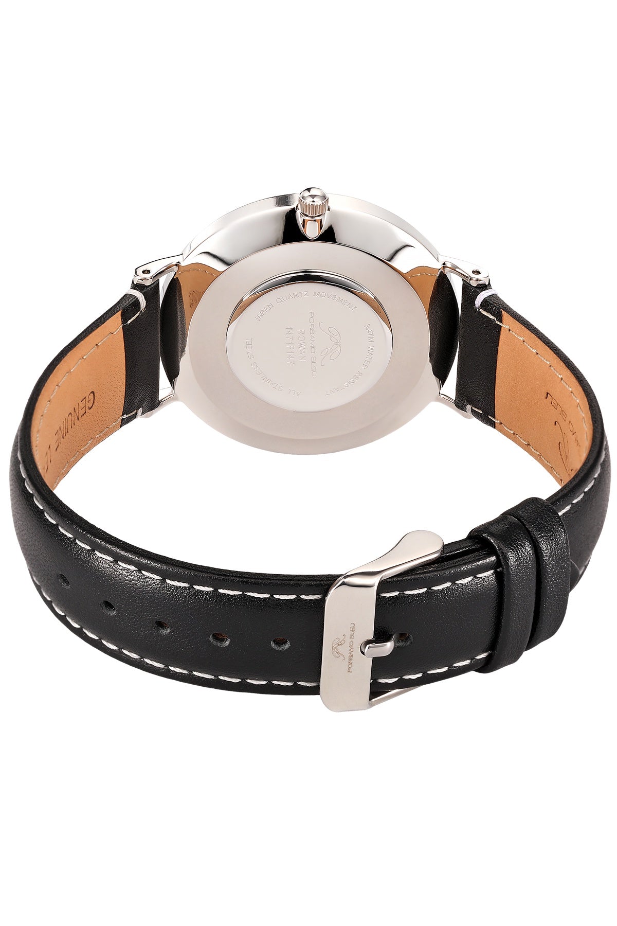 Porsamo Bleu Rowan Luxury Men's Genuine Leather Band Watch, Silver Tone and Black 1471FROL