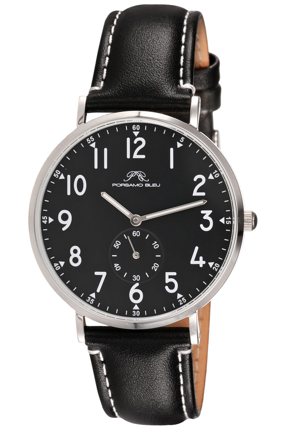 Porsamo Bleu Rowan Luxury Men's Genuine Leather Band Watch, Silver Tone and Black 1471FROL