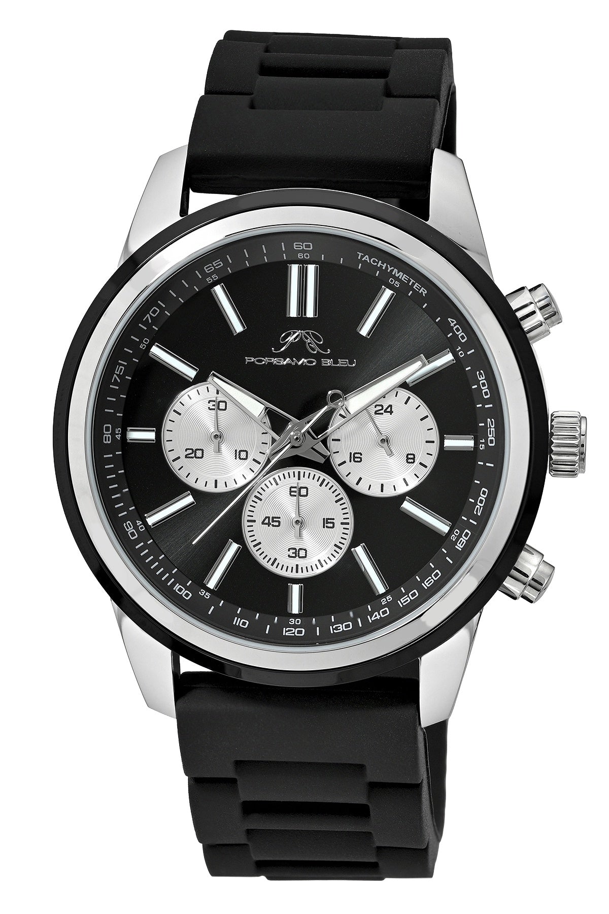 Porsamo Bleu Logan Luxury Chronograph Men's Silicone Strap Watch, Silver Tone, Black 1451DLOR