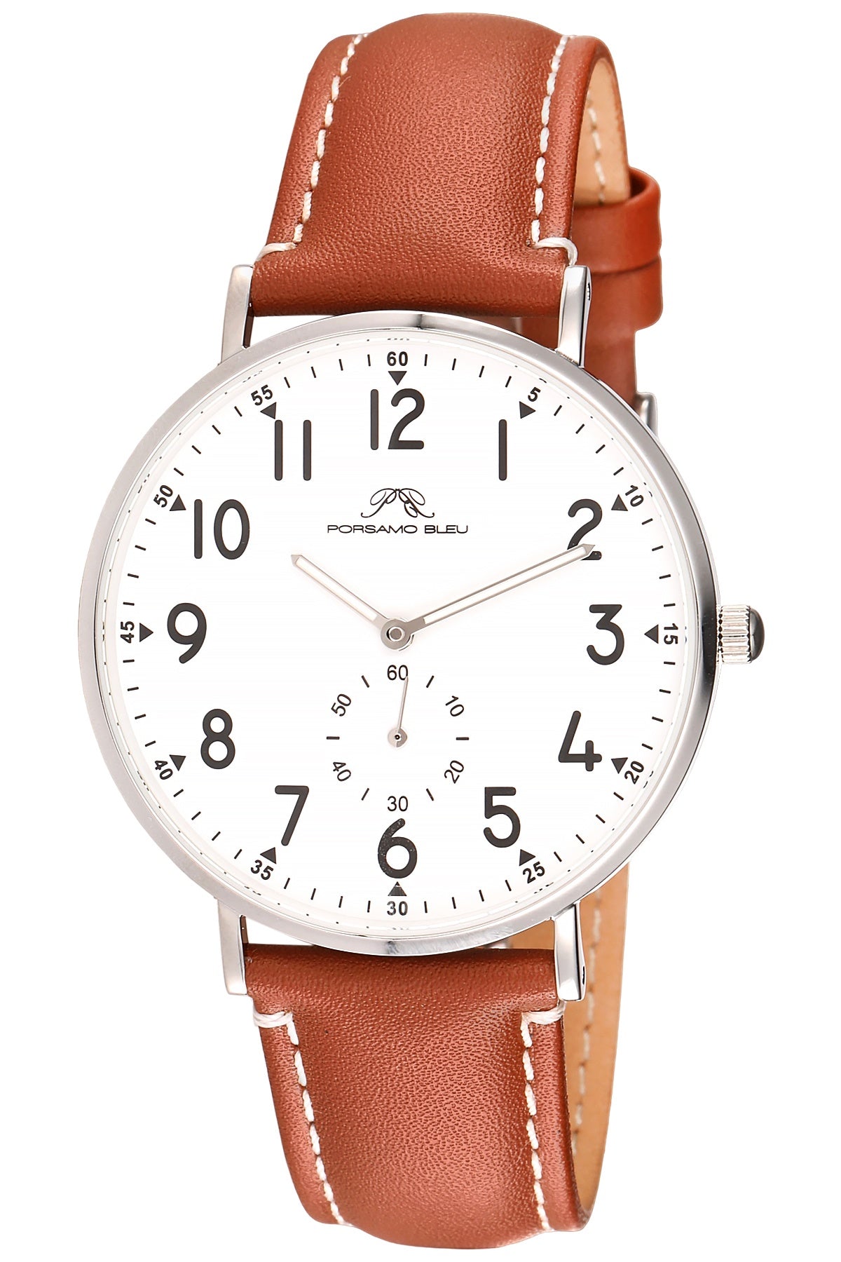 Porsamo Bleu Rowan Luxury Men's Genuine Leather Band Watch, Silver Tone and Brown 1471CROL