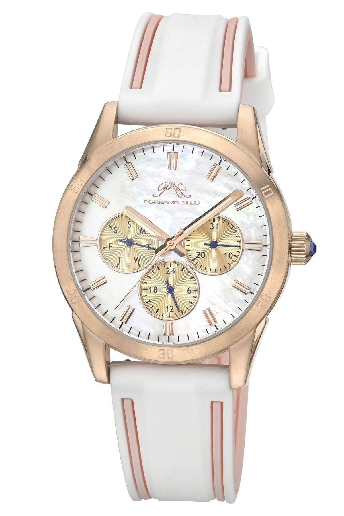 Porsamo Bleu Georgie Luxury Multifunction Womens' Silicone Strap Watch With White MOP Dial, Rose Tone, Pink, 1501CGER