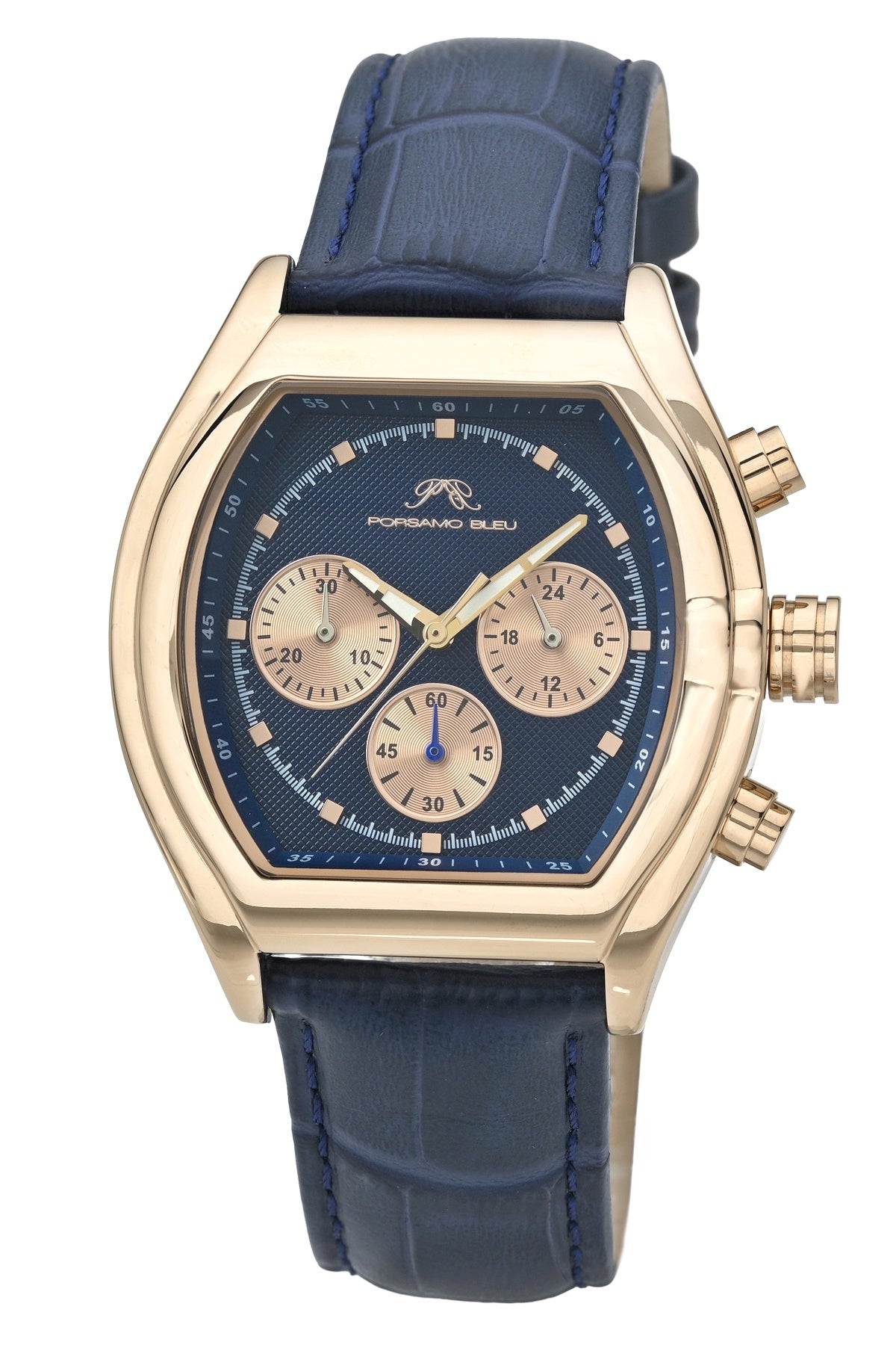 Porsamo Bleu Roman Luxury Men's Genuine Leather Chronograph Watch With Blue Dial, Rose, 1293CROL