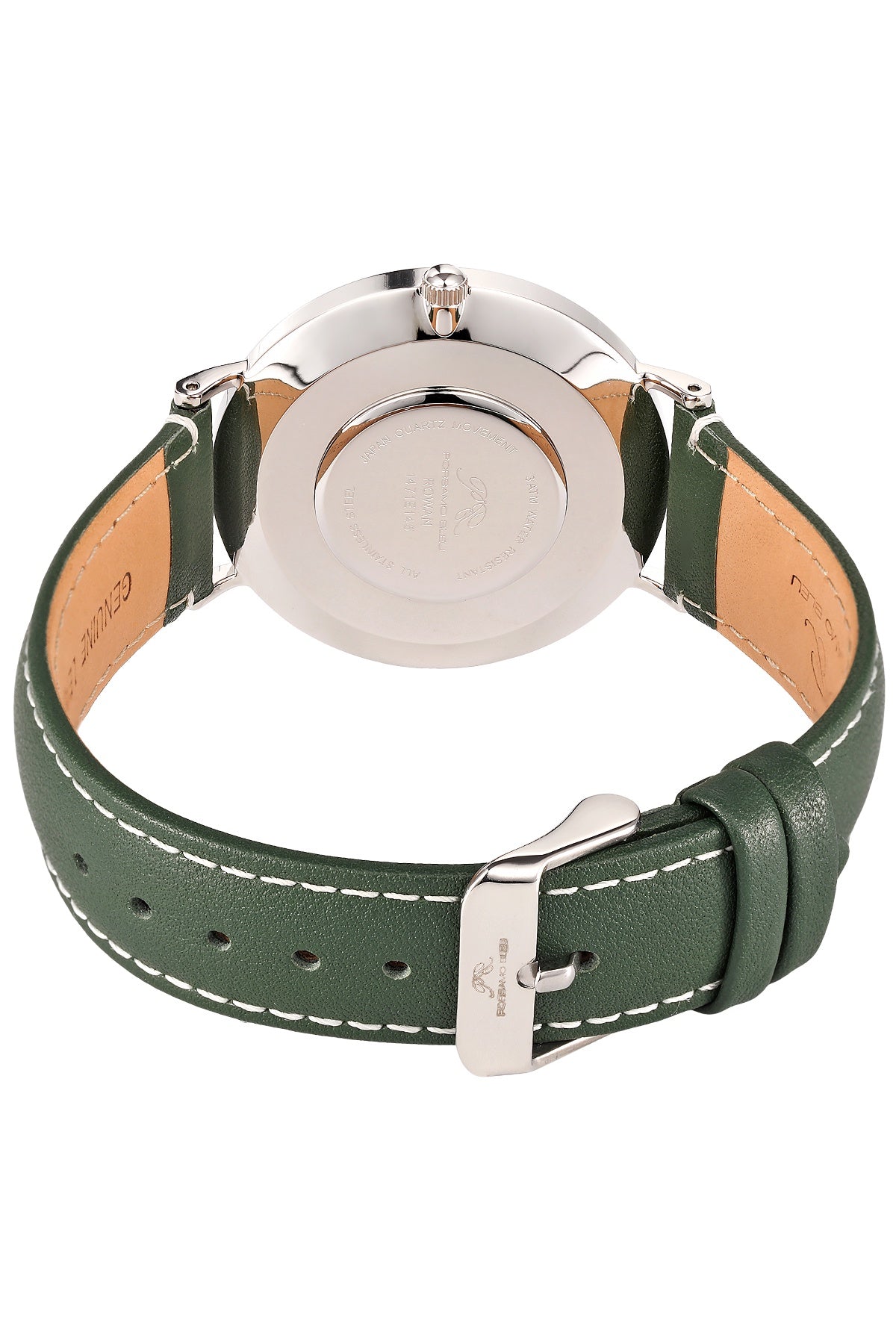 Porsamo Bleu Rowan Luxury Men's Genuine Leather Band Watch, Silver Tone and Green 1471EROL