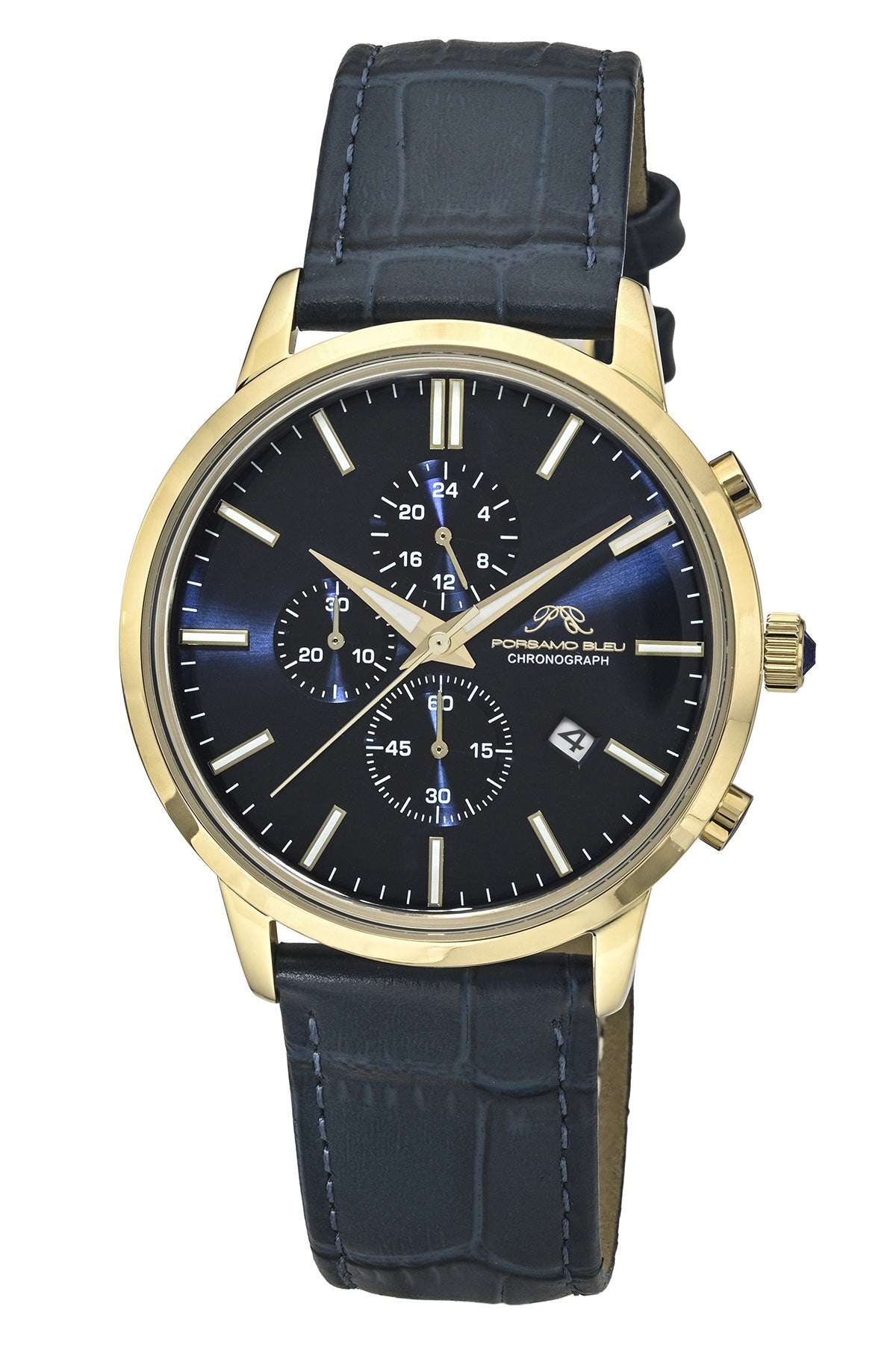 Porsamo Bleu Aura Luxury Chronograph Men's Genuine Leather Watch, With Blue Sunray Dial, Gold Tone, Blue 1432AAUL
