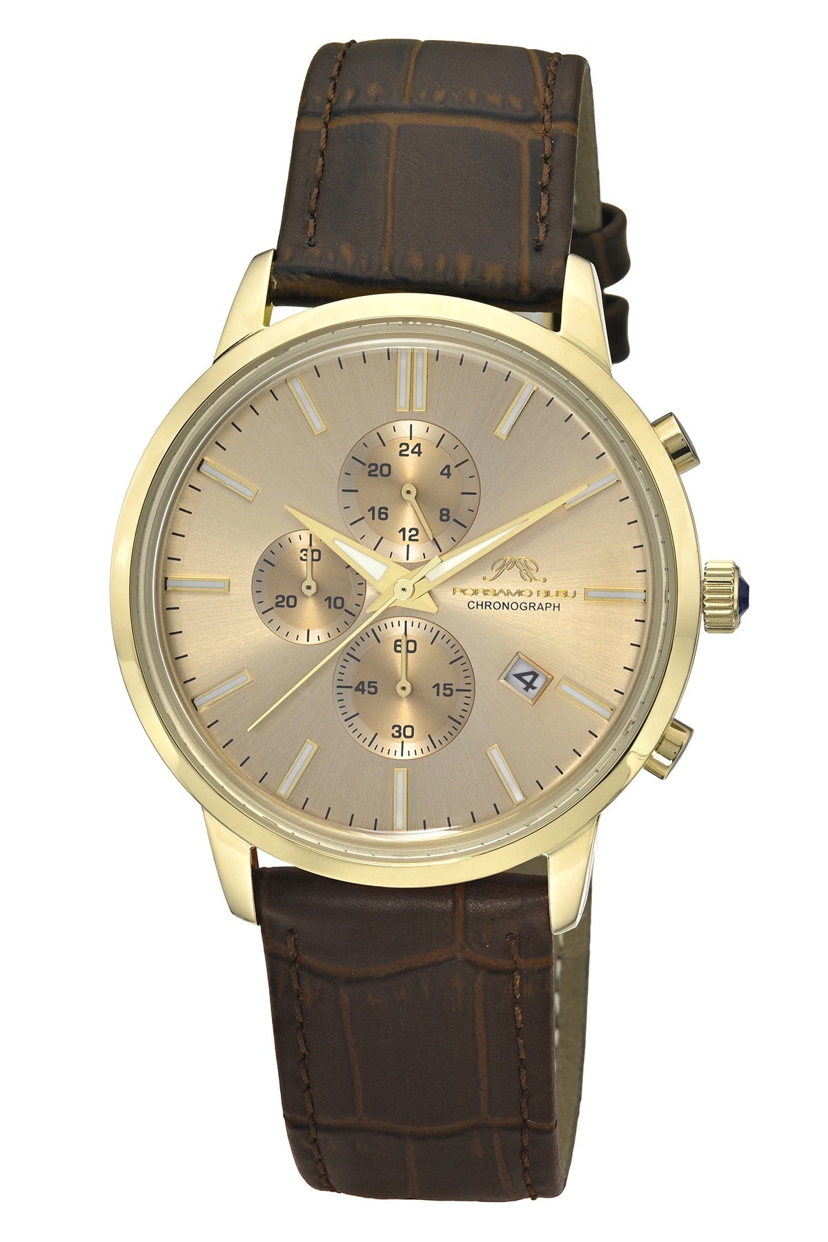 Porsamo Bleu Aura Luxury Chronograph Men's Genuine Leather Watch, With Gold Tone Sunray Dial, Gold Tone, Brown 1432BAUL