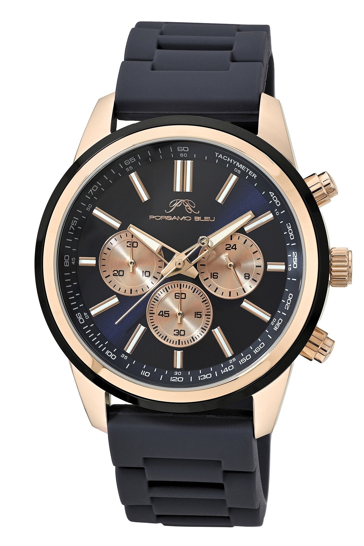 Porsamo Bleu Logan Luxury Chronograph Men's Silicone Strap Watch, Rose Tone, Blue 1451FLOR