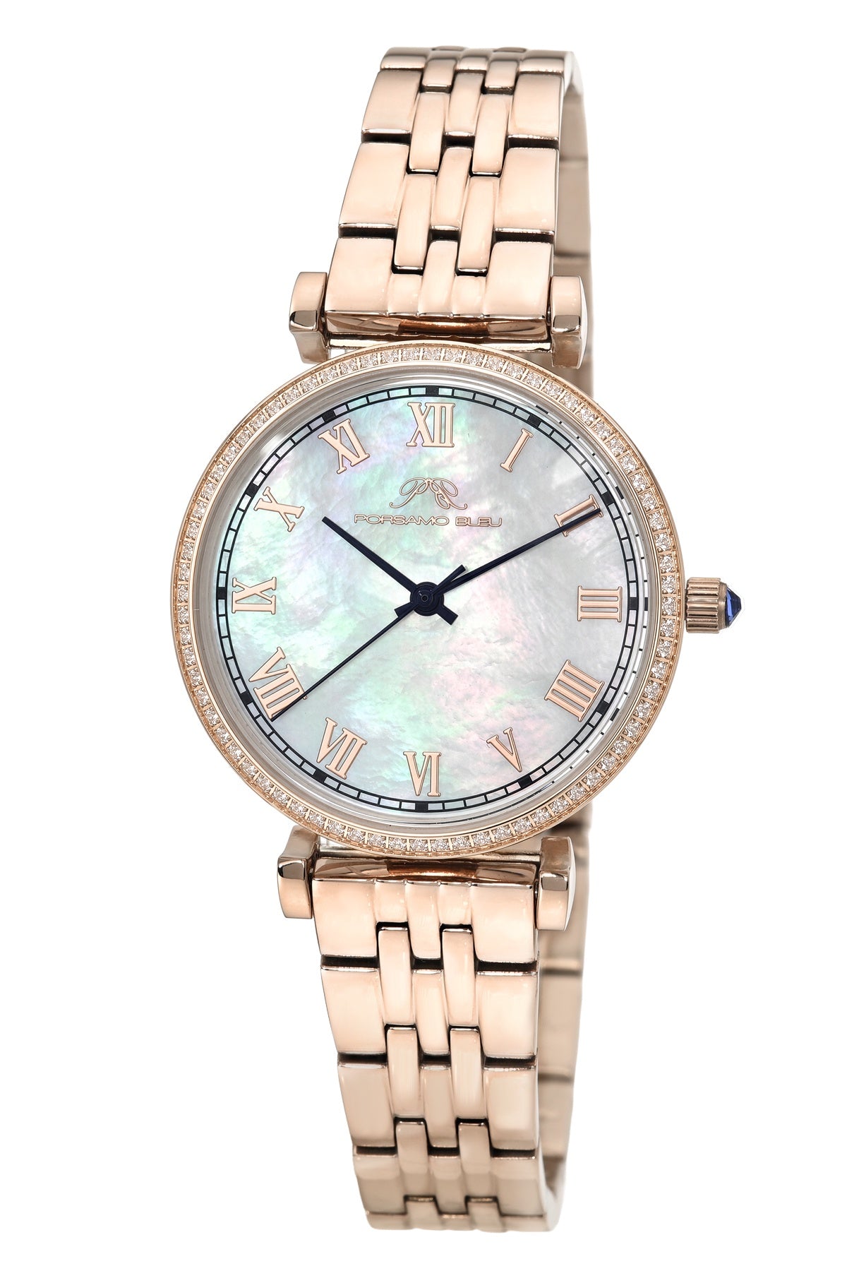 Porsamo Bleu Emma Luxury Womens' Stainless Steel Topaz Watch With White MOP Dial, Rose Tone, 1412CEMS