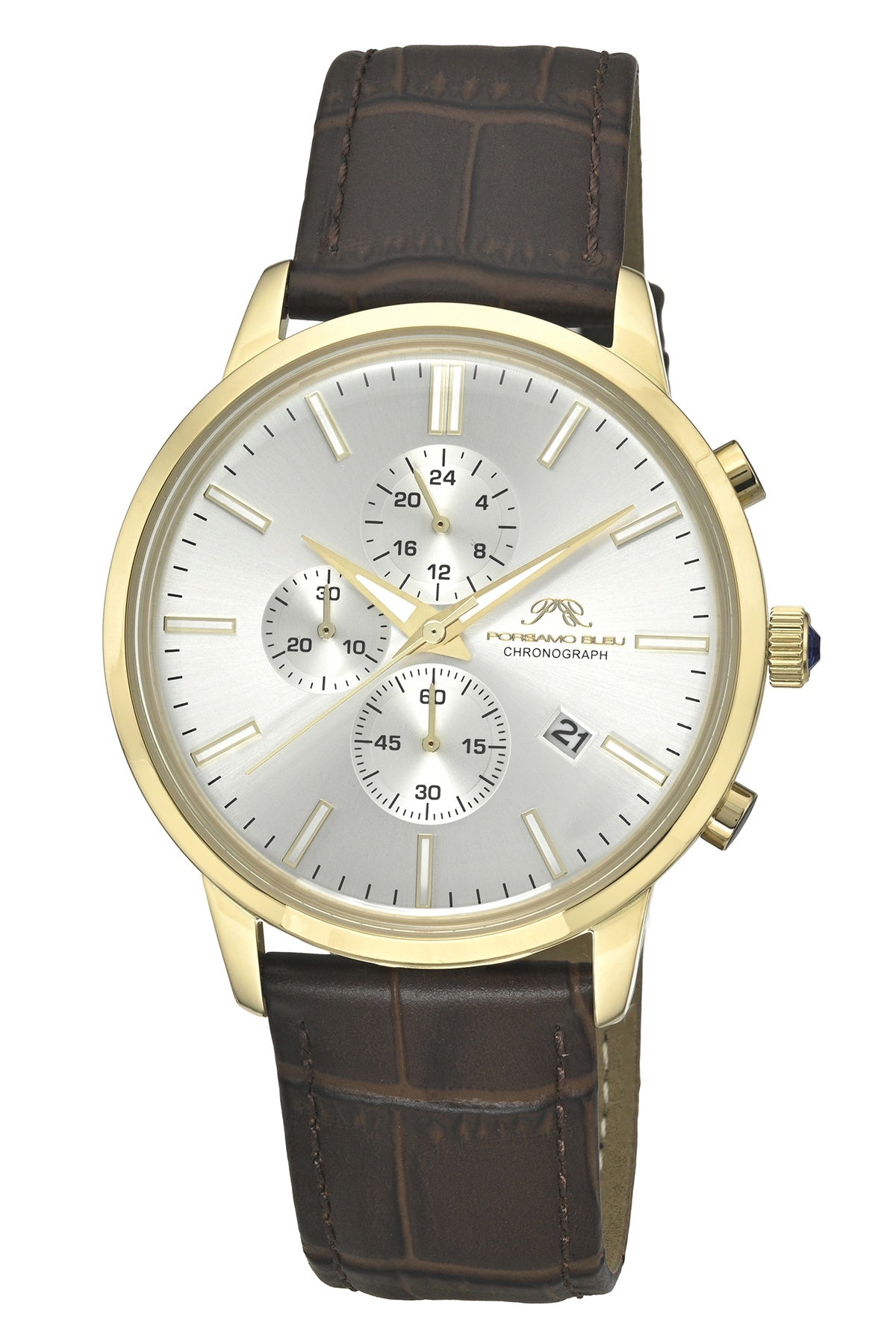 Porsamo Bleu Aura Luxury Chronograph Men's Genuine Leather Watch, With Silver Tone Sunray Dial, Gold Tone, Brown 1432CAUL