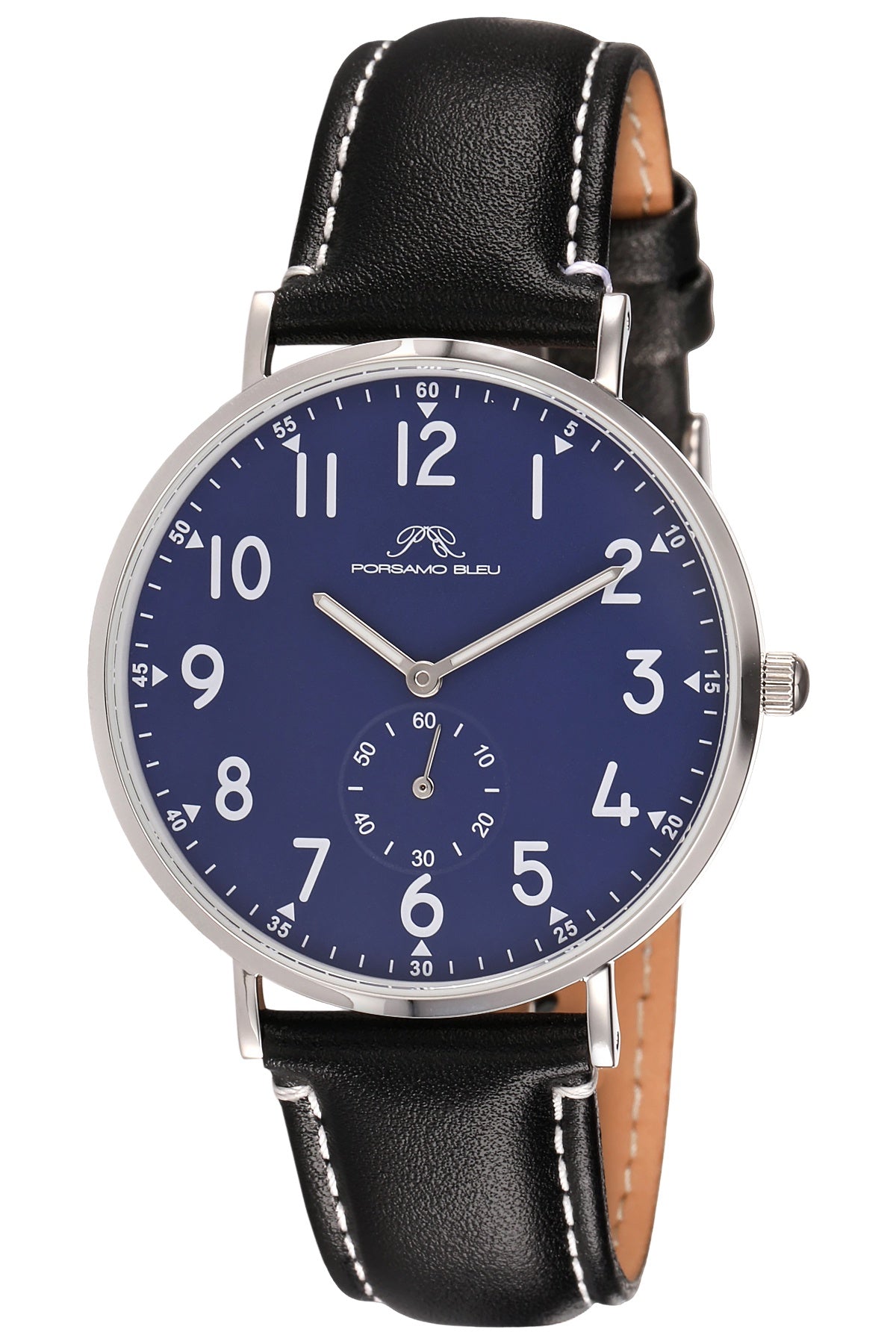 Porsamo Bleu Rowan Luxury Men's Genuine Leather Band Watch, Silver Tone and Black 1471DROL